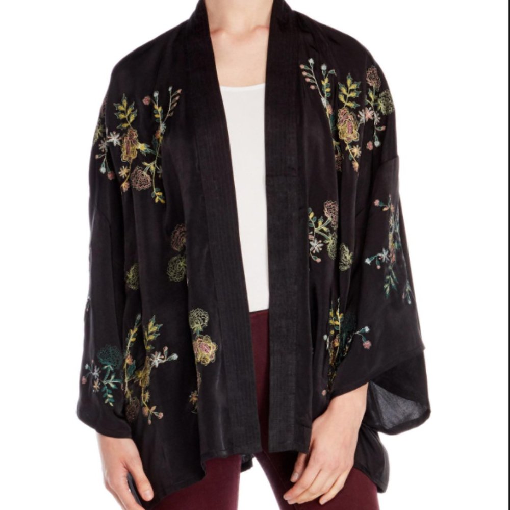 Floral Embroidered Satin Kimono